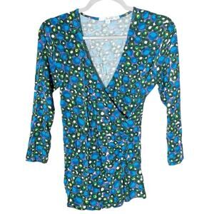 Boden Faux Wrap Top 3/4 Sleeves Dot Print Blue Green V-Neck Size 6